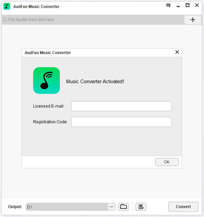 open and register audfun spotify music converter