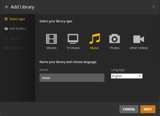 create a new library for spotify on plex