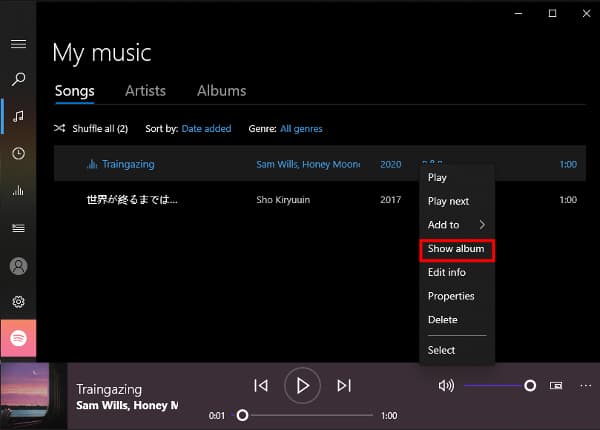 click show album on groove music