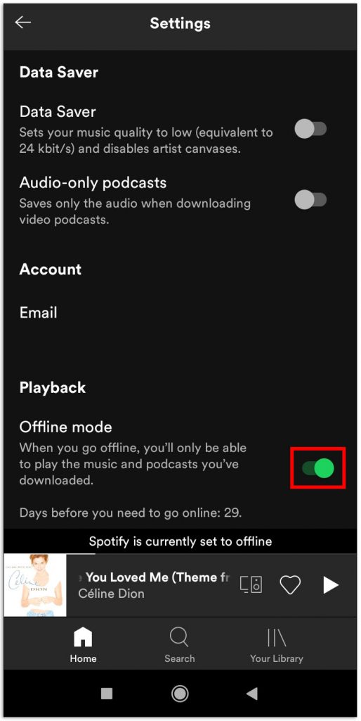 turn on the offline mode on spotify