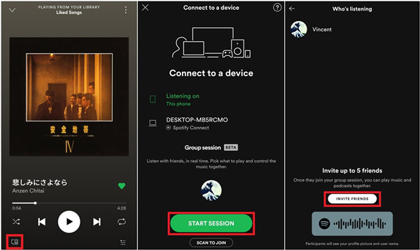 start a spotify group session to play music on multiple devices
