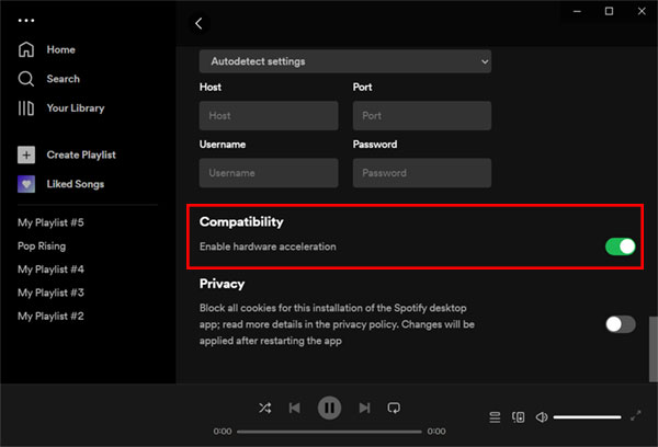 turn off spotify hardware acceleration to fix spotify not playing